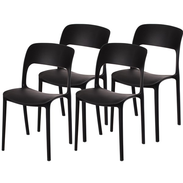 Fabulaxe Modern Plastic Outdoor Dining Chair with Open Curved Back, Black, PK 4 QI004227.BK.4